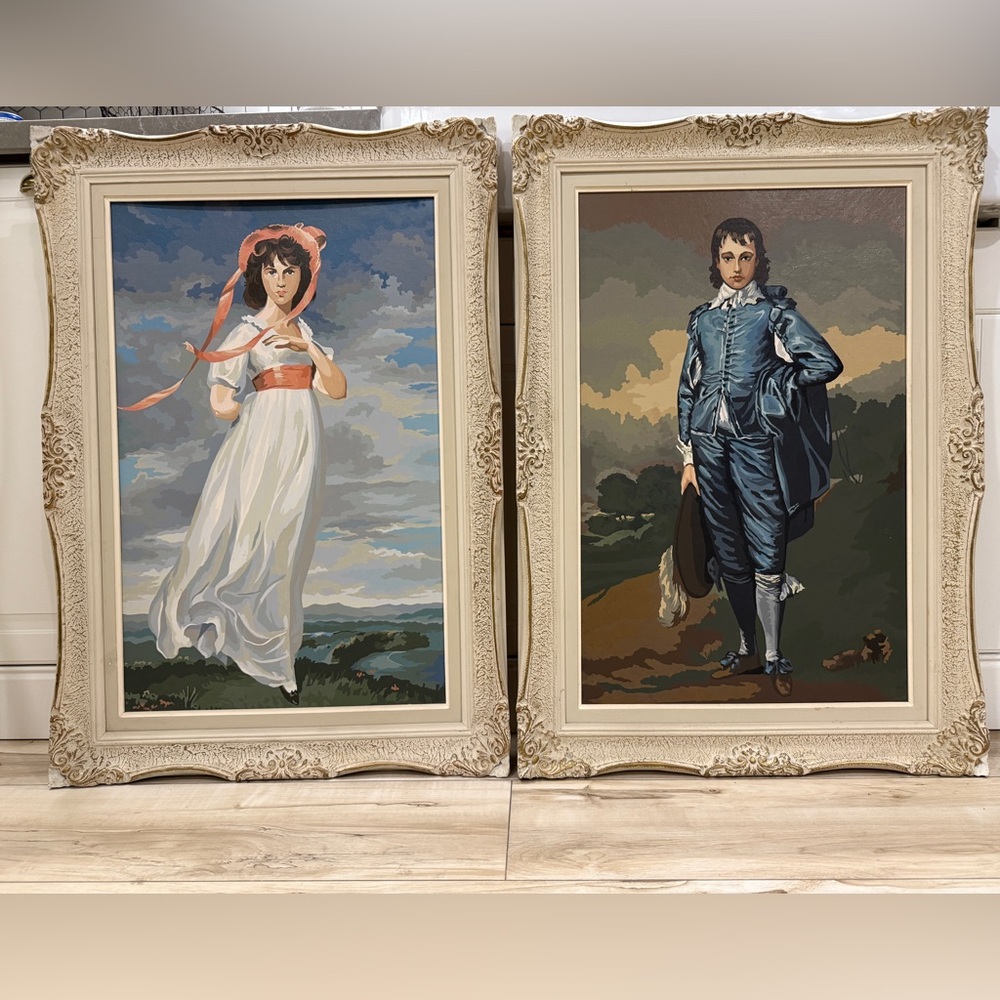 Vintage PBN Pinky and Blue Boy Paint By Numbers Ornate Wood Frames